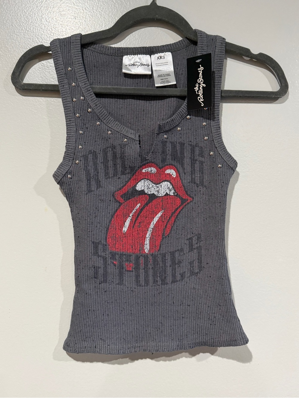 the Rolling Stones Graphic Studded Ribbed Tank Top - Gray with Red Logo size XXS
